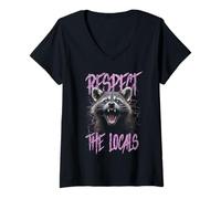 Donna Rispetta la gente del posto divertente Raccoon Street Cat Maglietta con Collo a V