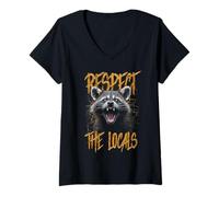 Donna Rispetta la gente del posto divertente Raccoon Street Cat Maglietta con Collo a V