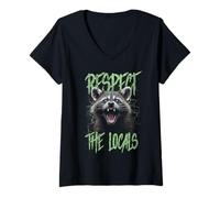 Donna Rispetta la gente del posto divertente Raccoon Street Cat Maglietta con Collo a V