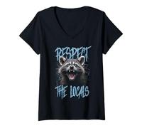 Donna Rispetta la gente del posto divertente Raccoon Street Cat Maglietta con Collo a V