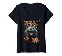 Donna Rispetta la gente del posto divertente Raccoon Street Cat Maglietta con Collo a V