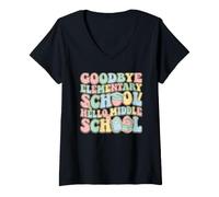 Donna Ritorno a Scuola Addio Elementary Hello Middle School Maglietta con Collo a V