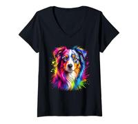 Donna Ritratto Colorato del Cane Pastore Australiano Australiano Maglietta con Collo a V