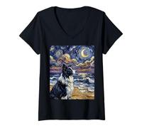 Donna Ritratto di Border Collie con Cane Notturno Stellato in Spiaggia Maglietta con Collo a V