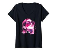 Donna Ritratto di Donna Moda Glamour Chic Acquerello Maglietta con Collo a V
