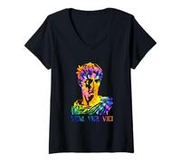 Donna Ritratto di Giulio Cesare con Motivo Tie Dye Veni Vidi Vici Maglietta con Collo a V