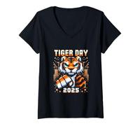 Donna Ritratto di tigre ad acquerello per Tiger Day Maglietta con Collo a V