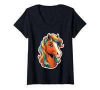 Donna Ritratto Stilizzato di Cavallo Maglietta con Collo a V