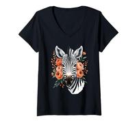 Donna Ritratto Zebra Floreale Maglietta con Collo a V