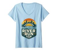 Donna River DSM Camicia Vintage des Moines Bridge Tramonto Maglietta con Collo a V