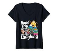Donna Road Trip Squad Lost But Laughing Divertimento di Viaggio - Maglietta con Collo a V