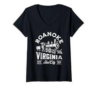 Donna Roanoke Virginia USA Old Railroad Train Design Distressed Maglietta con Collo a V