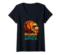 Donna Roar with Spice - Divertente Design con Zucca, caffè e Leone Maglietta con Collo a V