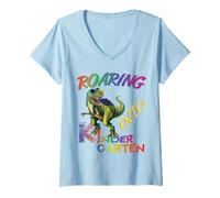 Donna Roaring Into Kindergarten Dinosaur Kids Day Back to School Maglietta con Collo a V
