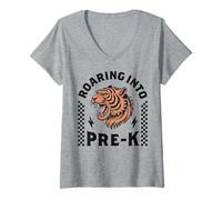 Donna Roaring Into Pre-K Tiger I'm Ready for Pre K Boy Girl Divertente Maglietta con Collo a V