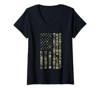 Donna Roaring Lion American Flag Camouflage USA Distressed Style Maglietta con Collo a V