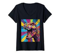 Donna “Roaring T Rex” Colorful Pop Art Dinosaur Graphic Design Fun Maglietta con Collo a V