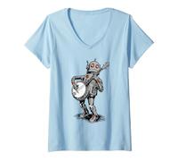 Donna Robot Banjo Player Maglietta con Collo a V