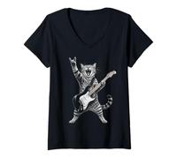 Donna Rock And Roll Cat Playing Electric Guitar Tabby Kitten Maglietta con Collo a V