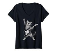 Donna Rock And Roll Cat Playing Electric Guitar Tabby Kitten Maglietta con Collo a V