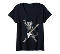 Donna Rock And Roll Cat Playing Electric Guitar Tabby Kitten Maglietta con Collo a V
