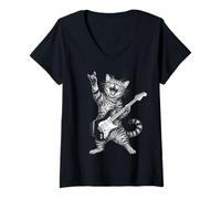 Donna Rock And Roll Cat Playing Electric Guitar Tabby Kitten Maglietta con Collo a V