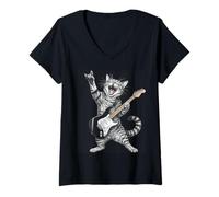 Donna Rock And Roll Cat Playing Electric Guitar Tabby Kitten Maglietta con Collo a V