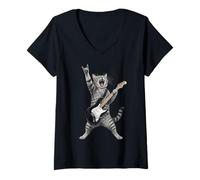 Donna Rock And Roll Cat Playing Electric Guitar Tabby Kitten Maglietta con Collo a V