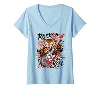 Donna Rock And Roll Chitarra Classico Giapponese Tiger Tattoo Irezumi Maglietta con Collo a V