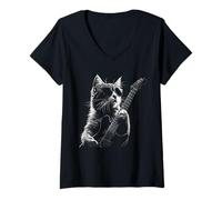 Donna Rock Cat Lovers Heavy Retro Roll Metal Guitar Music Maglietta con Collo a V