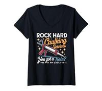 Donna Rock Hard Caulking Services Umorismo Muratore Regalo Maglietta con Collo a V