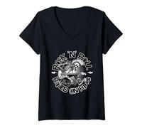 Donna Rock N Roll Raised On Riffs Punk Metal Guitar Energy Maglietta con Collo a V