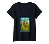 Donna Rock of Cashel Irlanda Vintage Viaggio Souvenir Art Graphic Maglietta con Collo a V