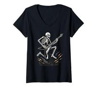 Donna Rock On Skeleton Hand Chitarra Volante Rock Band Maglietta con Collo a V