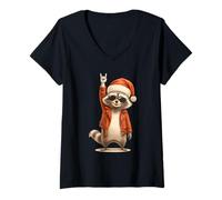 Donna Rock Raccoon Santa Uomini Donne Bambini Divertente Brutto Natale Maglietta con Collo a V