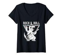 Donna Rock & Roll - Chitarra con Dinosauro Maglietta con Collo a V