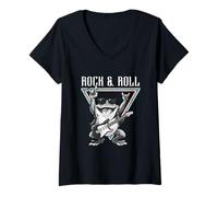Donna Rock & Roll - Chitarrista Rana in Stile retrò Maglietta con Collo a V