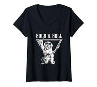 Donna Rock & Roll Cool Dog Guitar Lovers Maglietta con Collo a V