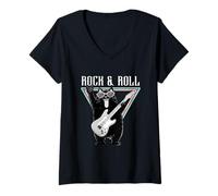 Donna Rock & Roll - Gatto Che Suona la Chitarra, tonalità Fredde Maglietta con Collo a V