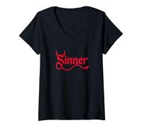 Donna Rock Sinner - Corna da Diavolo e Coda, Orgoglio ateo Maglietta con Collo a V