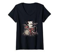 Donna Rock the Stage con questo White Rat and Drums Maglietta con Collo a V