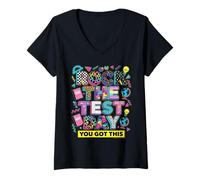 Donna Rock The Test Day Retro 80s 90s Insegnante Studente Maglietta con Collo a V