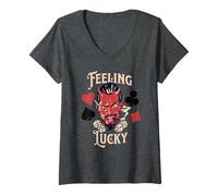 Donna Rockabilly Feeling Lucky Devil Dadi 50s Retro Vintage Casino Maglietta con Collo a V