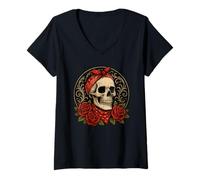Donna Rockabilly Female Skull - Retro Tattoo with Roses 1 Maglietta con Collo a V