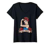 Donna Rockabilly Girl Vintage Retro Girl Power Pin Up Maglietta con Collo a V