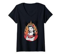 Donna Rockabilly Pin-Up Girl Flames Vibe Retro Maglietta con Collo a V