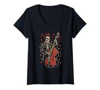 Donna Rockabilly Skeleton - Basso verticale retrò anni '50 Maglietta con Collo a V