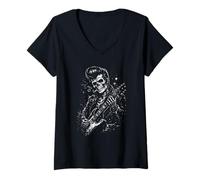 Donna Rockabilly Skeleton Punk Chitarrista Ribelle Rock Music Maglietta con Collo a V