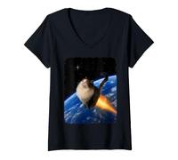 Donna Rocket Cat Che decolla sopra la Terra con Divertente Design a Forma di Gattino Maglietta con Collo a V