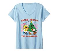 Donna Rockin' Around Classroom Christmas Pencil Tree Funny Teacher Maglietta con Collo a V